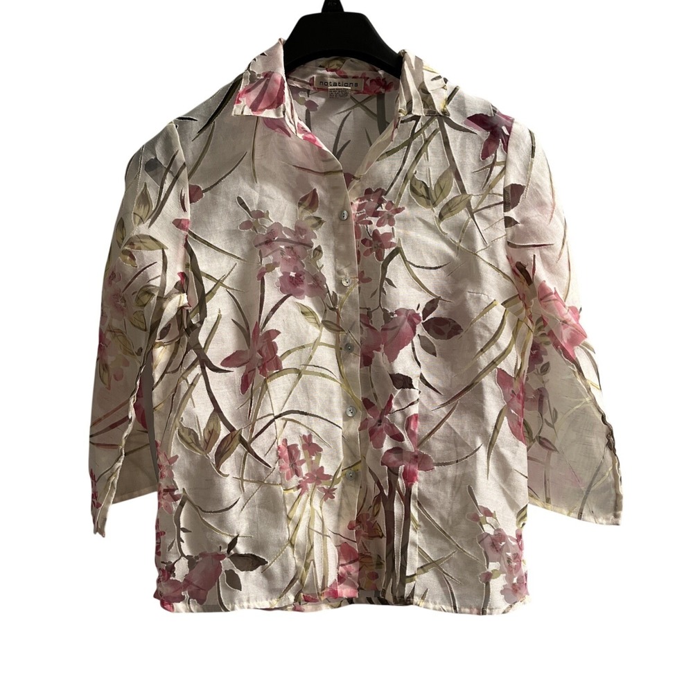 Notations Top Womens M‎ White Sheer Burnout Pink Floral Linen Blend Button Down
